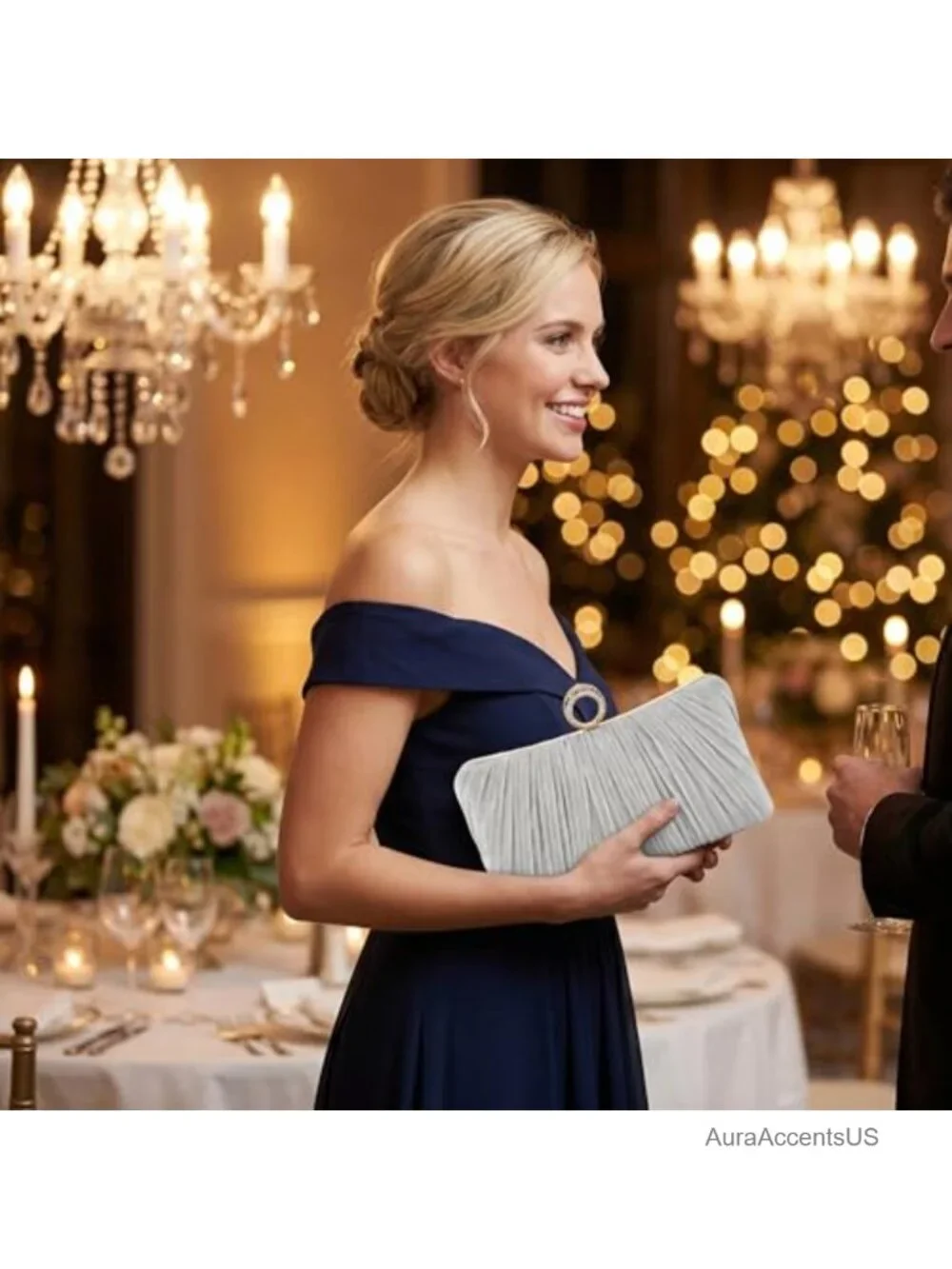 Ruched Satin Clutch with Crystal Ring Handle, Formal Party Evening Bag